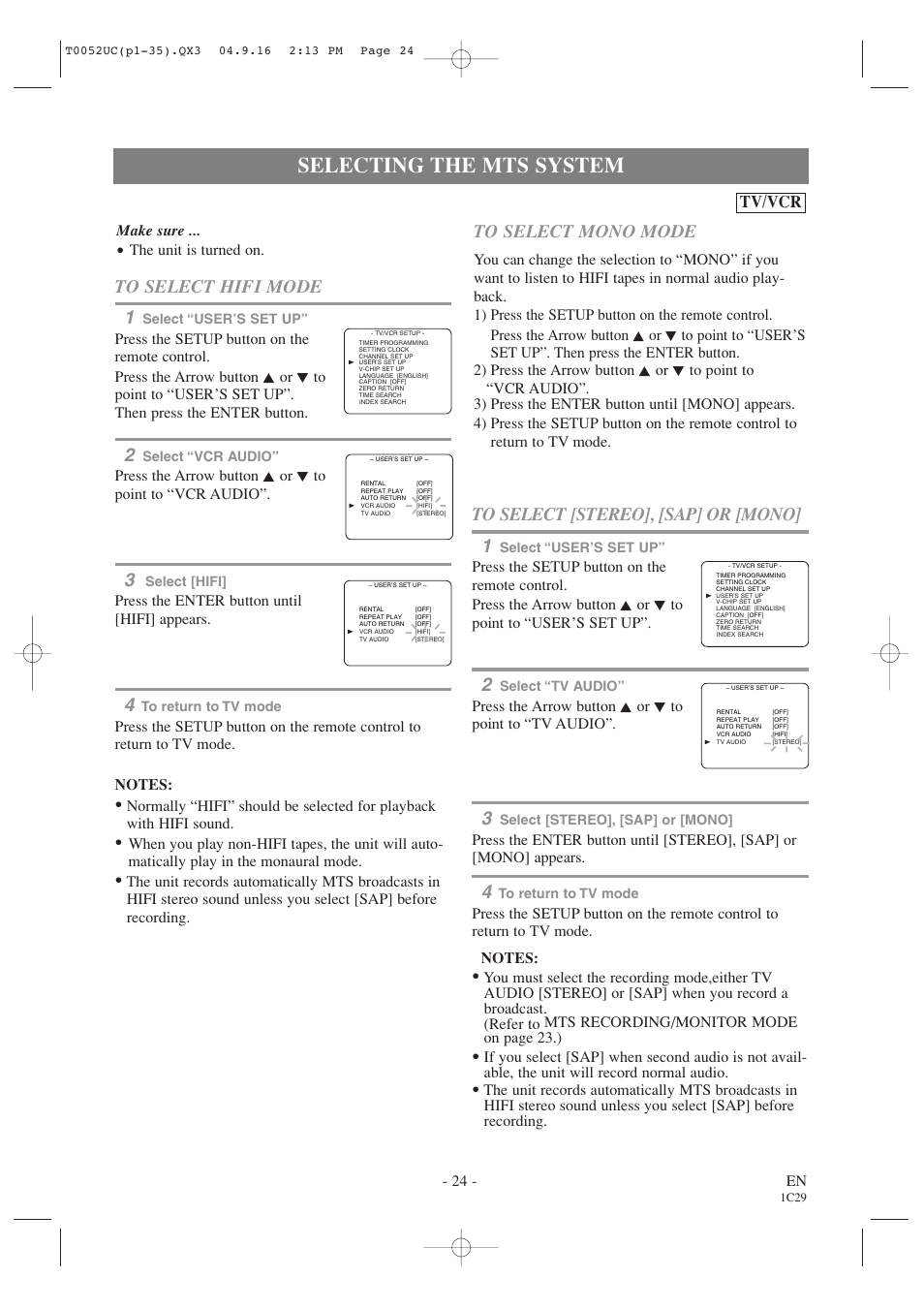 Selecting the mts system, Tv/vcr, 24 - en | Make sure, The unit is turned on, Press the enter button until [hifi] appears | Emerson EWC19T4 User Manual | Page 24 / 56