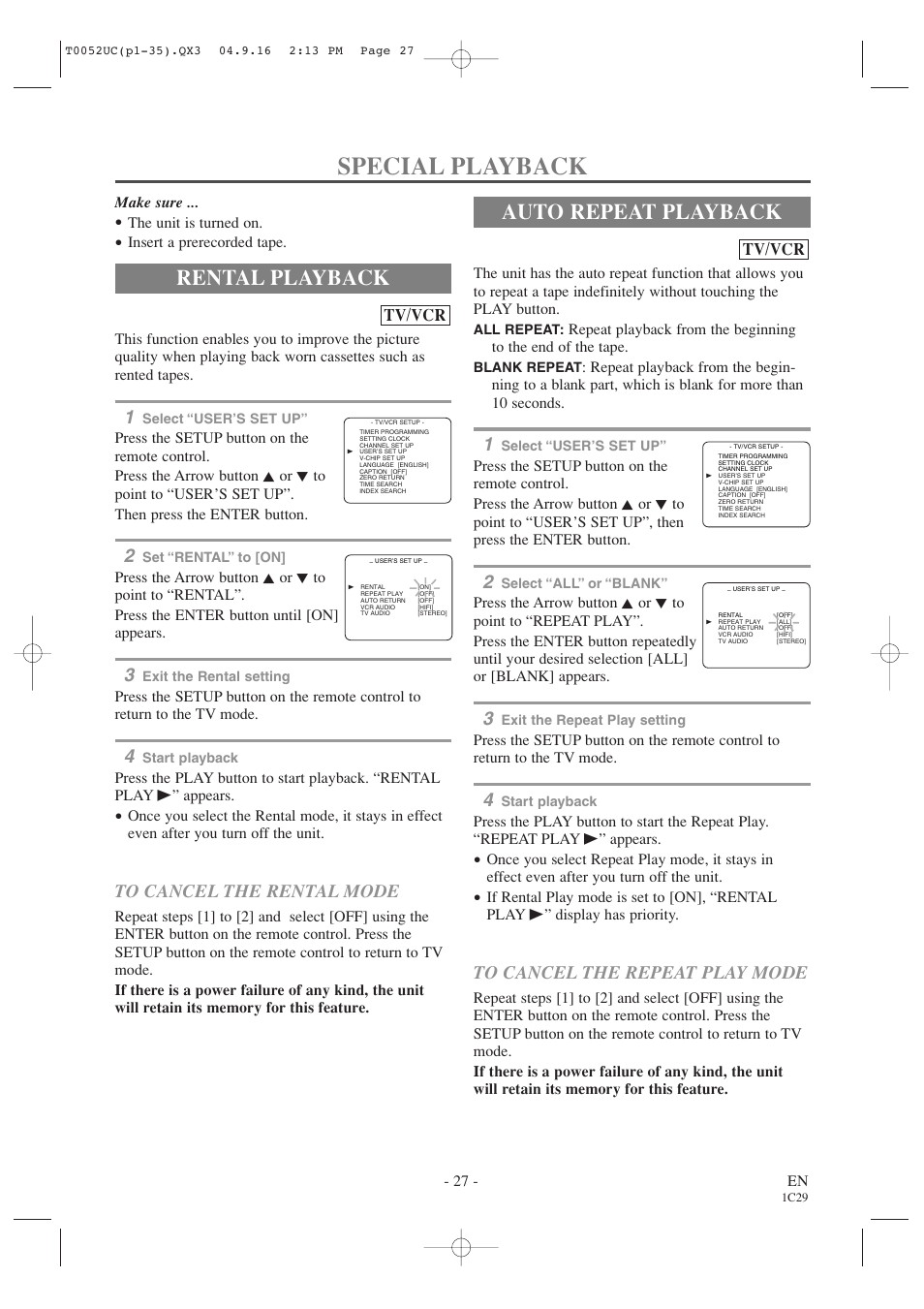 Special playback, Rental playback, Auto repeat playback | Tv/vcr | Emerson EWC19T4 User Manual | Page 27 / 56