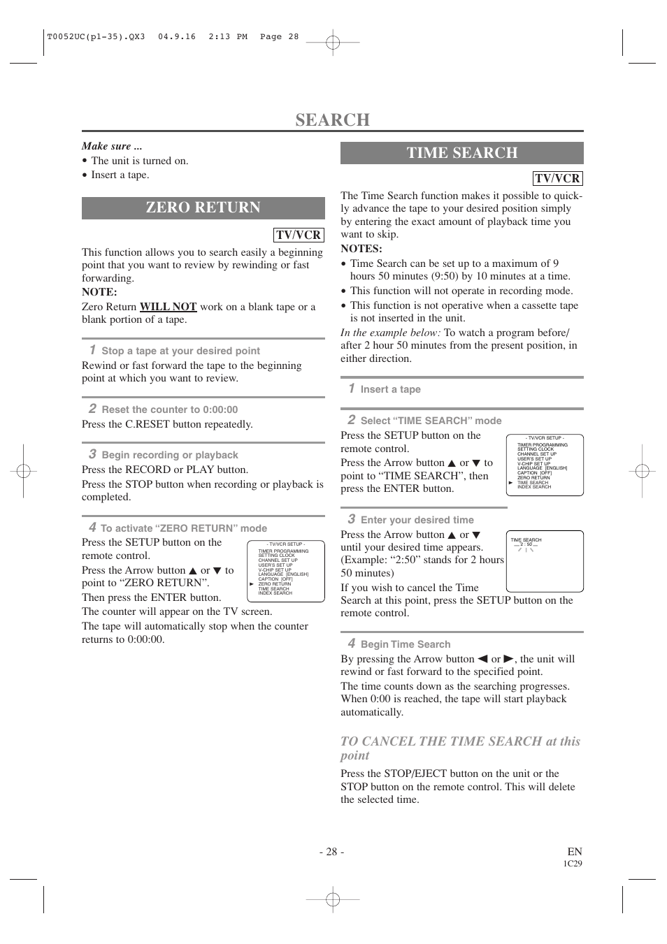 Search, Zero return time search | Emerson EWC19T4 User Manual | Page 28 / 56