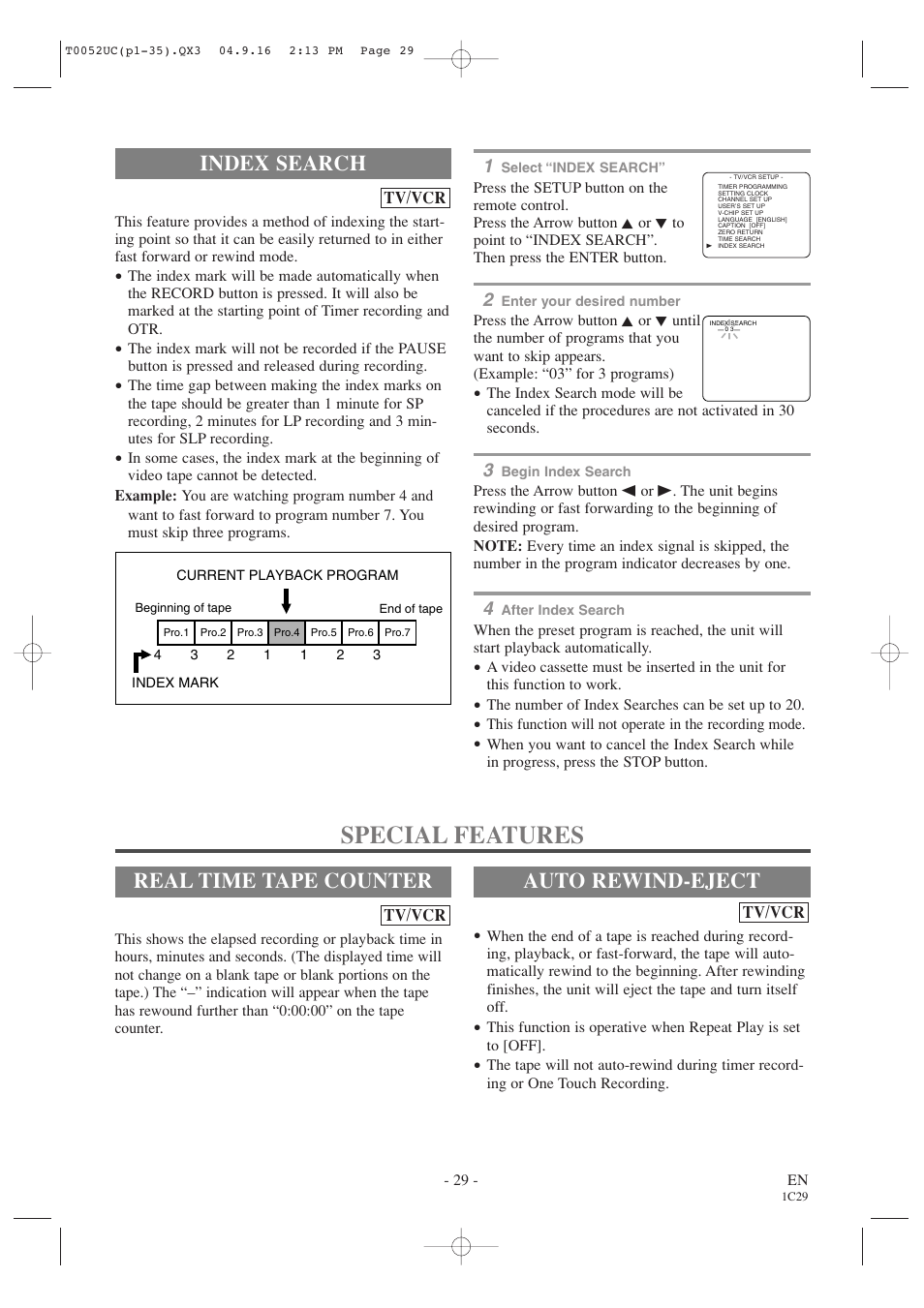 Special features, Index search, Real time tape counter | Auto rewind-eject | Emerson EWC19T4 User Manual | Page 29 / 56