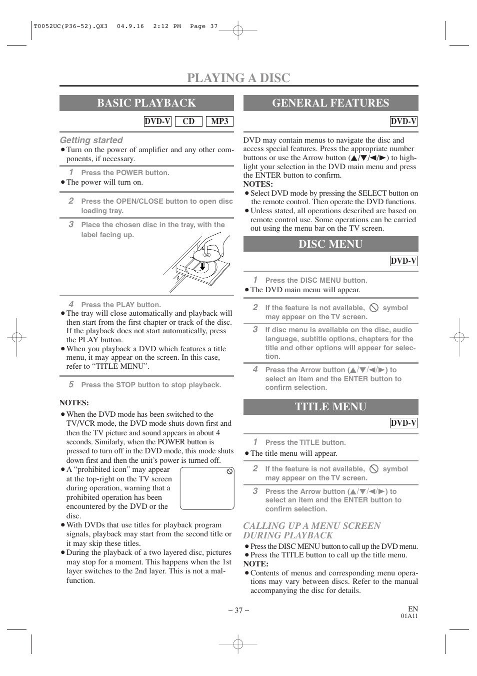 Playing a disc, Basic playback, General features | Title menu, Disc menu | Emerson EWC19T4 User Manual | Page 37 / 56