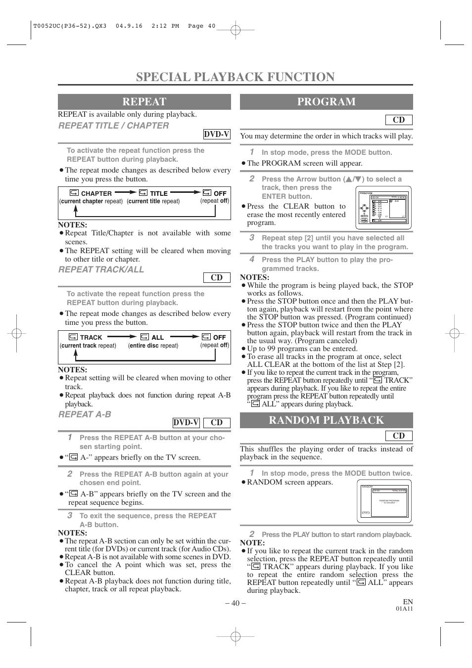 Special playback function, Repeat, Program | Random playback | Emerson EWC19T4 User Manual | Page 40 / 56