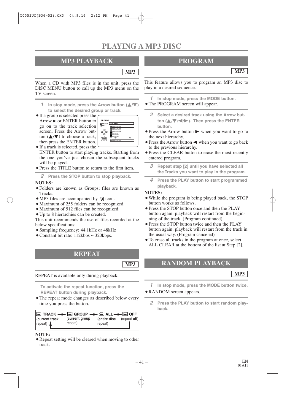 Playing a mp3 disc, Mp3 playback, Random playback | Program repeat | Emerson EWC19T4 User Manual | Page 41 / 56