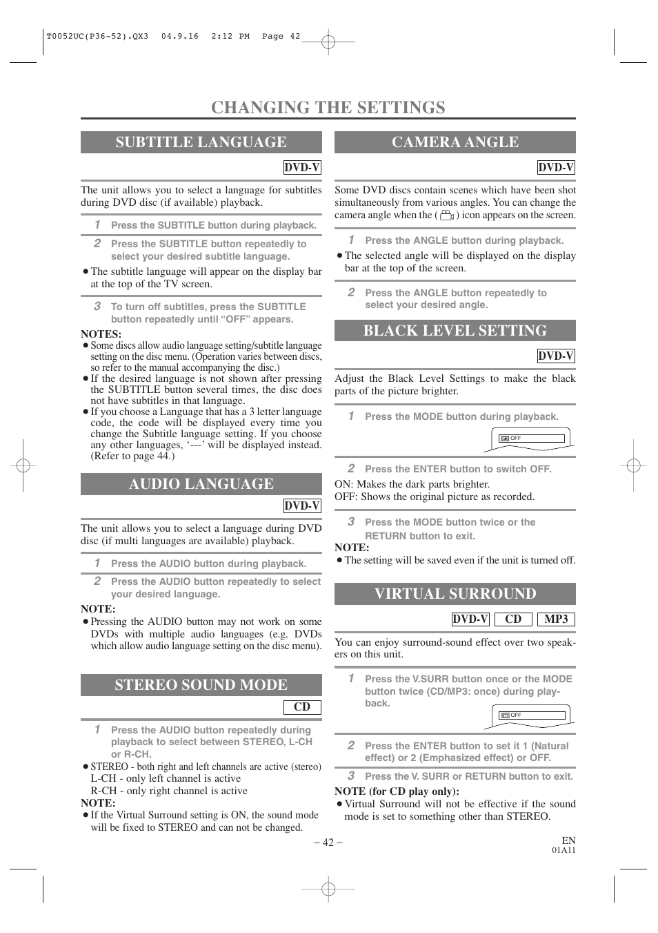 Changing the settings, Audio language, Stereo sound mode | Subtitle language camera angle, Black level setting, Virtual surround | Emerson EWC19T4 User Manual | Page 42 / 56