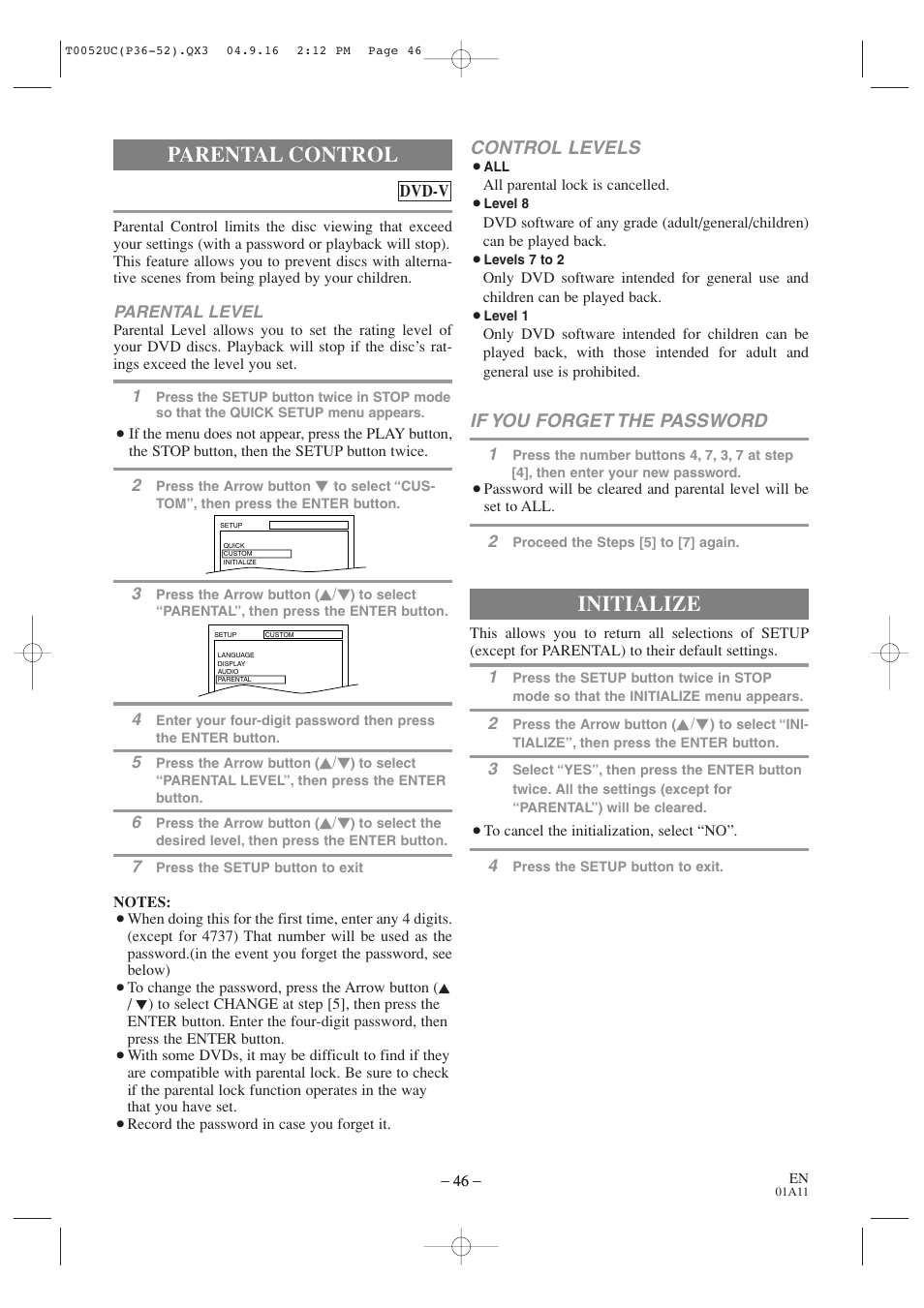 Parental control, Initialize, Control levels | If you forget the password | Emerson EWC19T4 User Manual | Page 46 / 56