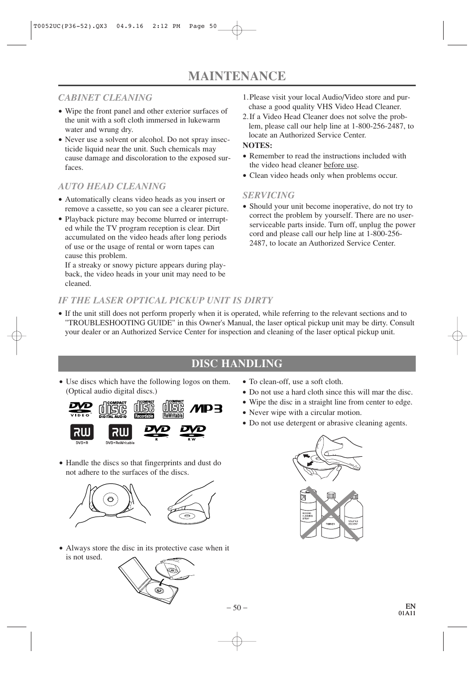 Maintenance, Disc handling | Emerson EWC19T4 User Manual | Page 50 / 56