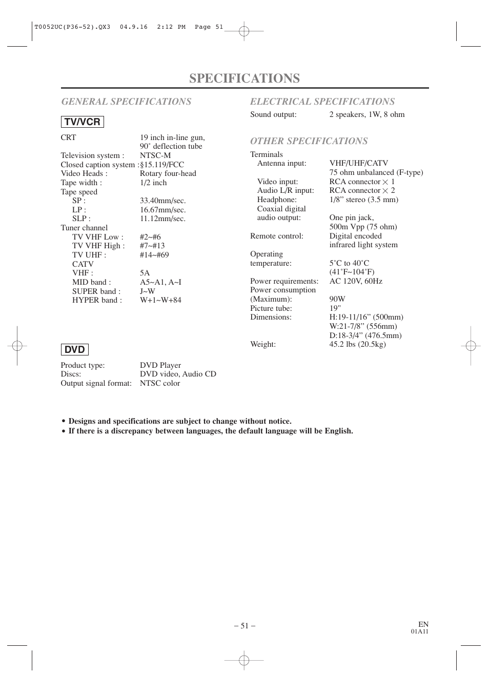 Specifications | Emerson EWC19T4 User Manual | Page 51 / 56