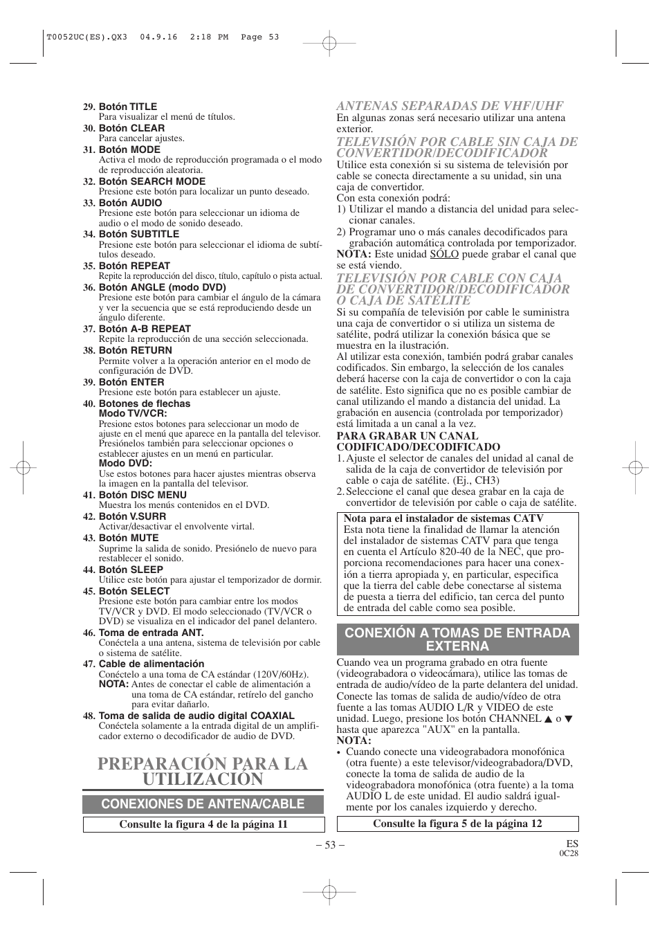 Preparación para la utilización, Conexión a tomas de entrada externa | Emerson EWC19T4 User Manual | Page 53 / 56
