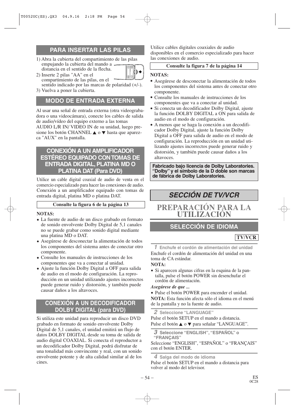 Preparación para la utilización, Sección de tv/vcr | Emerson EWC19T4 User Manual | Page 54 / 56