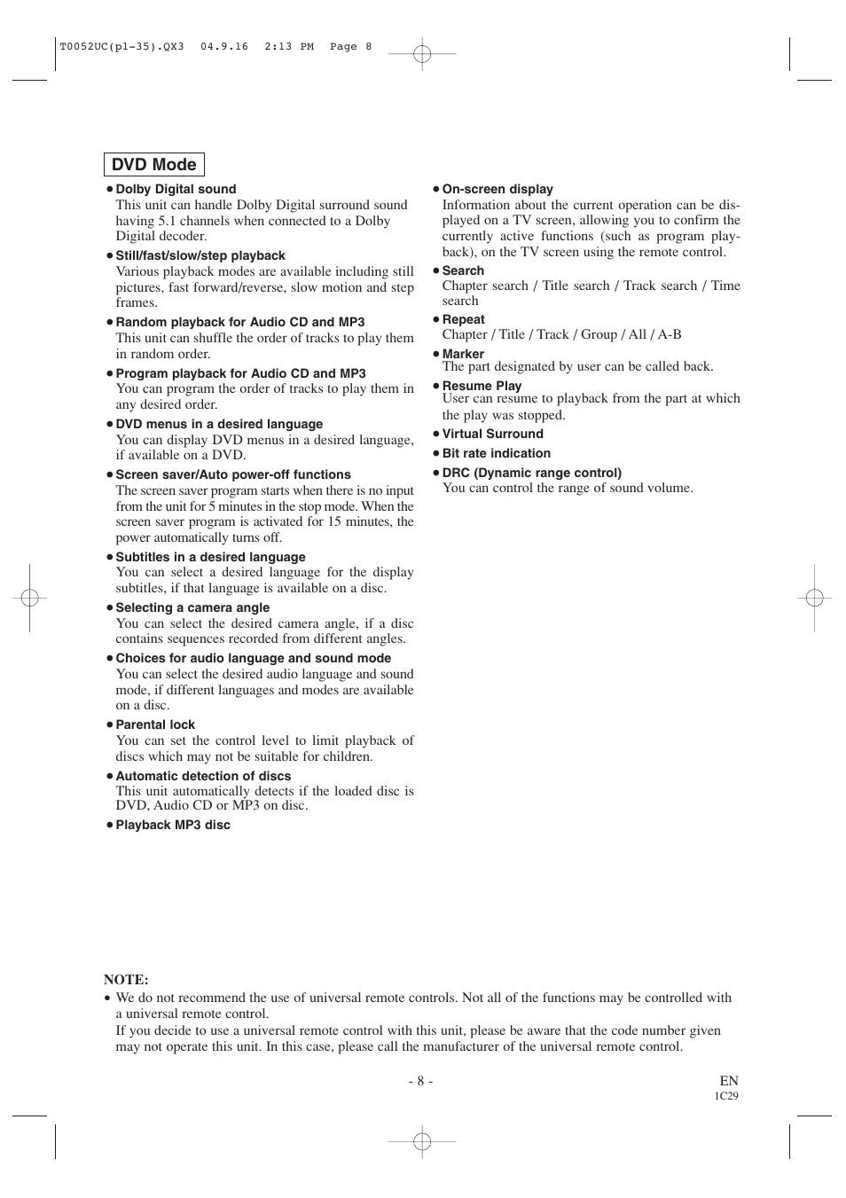 Dvd mode | Emerson EWC19T4 User Manual | Page 8 / 56