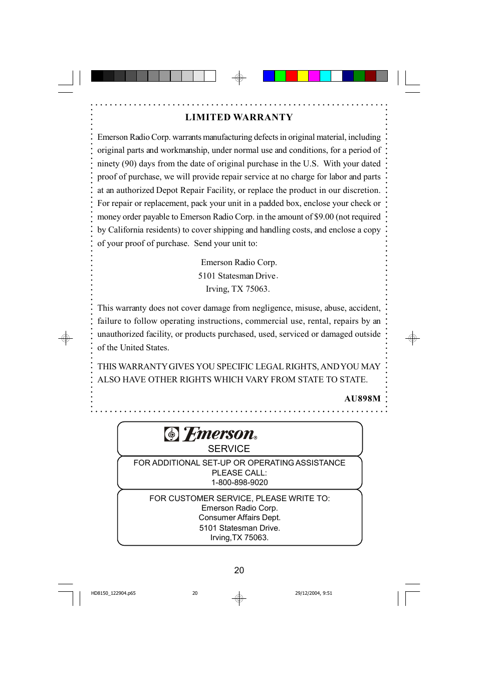 Limited warranty, Service | Emerson Radio HD8150 User Manual | Page 21 / 22