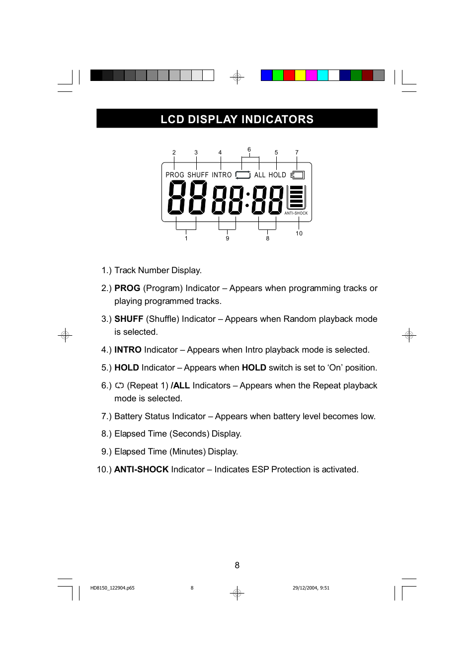 Lcd display indicators | Emerson Radio HD8150 User Manual | Page 9 / 22