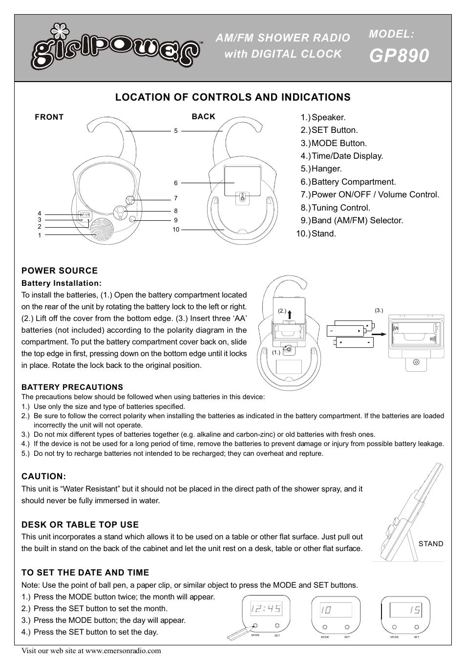 Emerson Radio GP890 User Manual | 2 pages