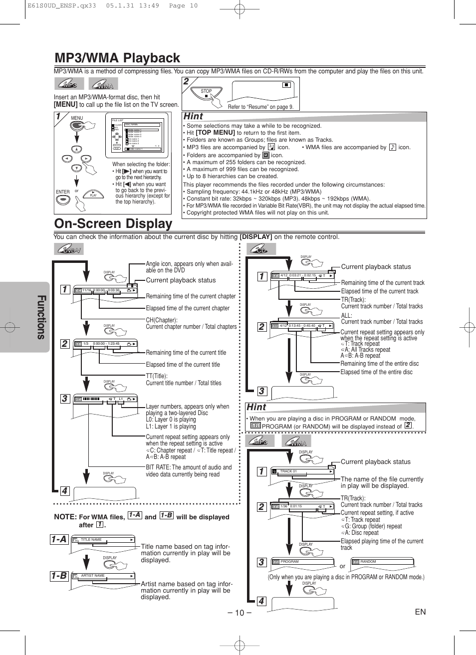 On-screen display, Mp3/wma playback, Functions | Hint, A 1-b 1-b | Emerson EWD70V5 User Manual | Page 10 / 20