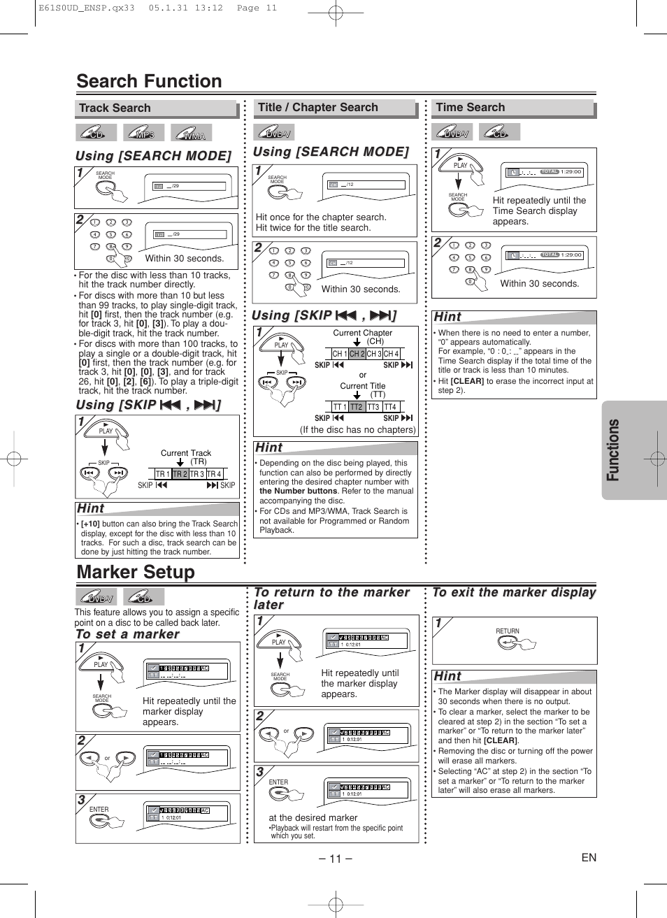 Search function, Marker setup, Functions | Using [search, Using [search mode] mode, Using [skip, Hint | Emerson EWD70V5 User Manual | Page 11 / 20