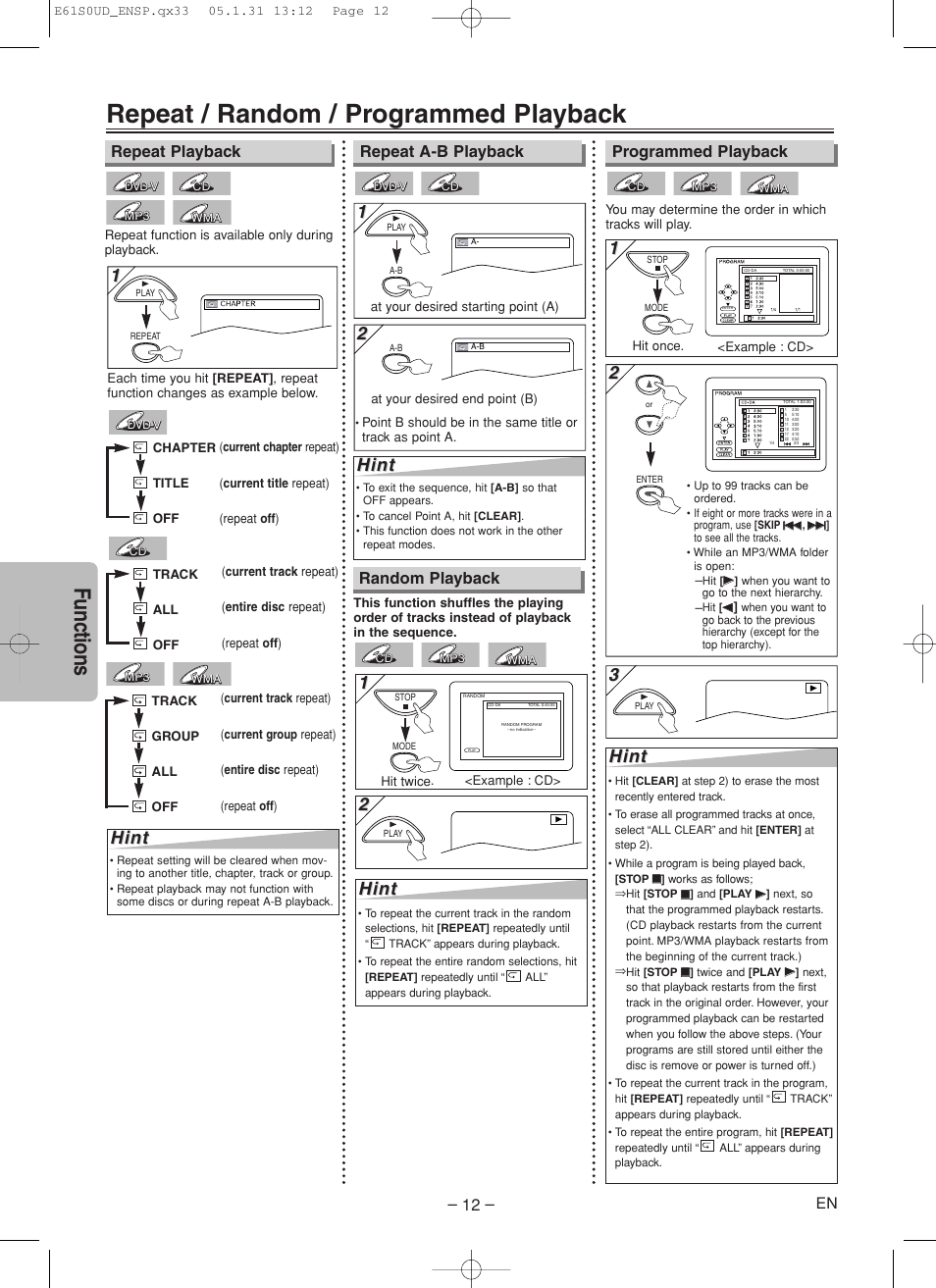 Repeat / random / programmed playback, Functions, Hint | Random playback | Emerson EWD70V5 User Manual | Page 12 / 20