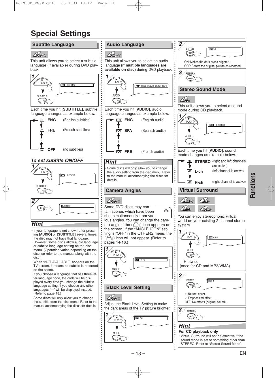 Special settings, Functions, Hint | Emerson EWD70V5 User Manual | Page 13 / 20
