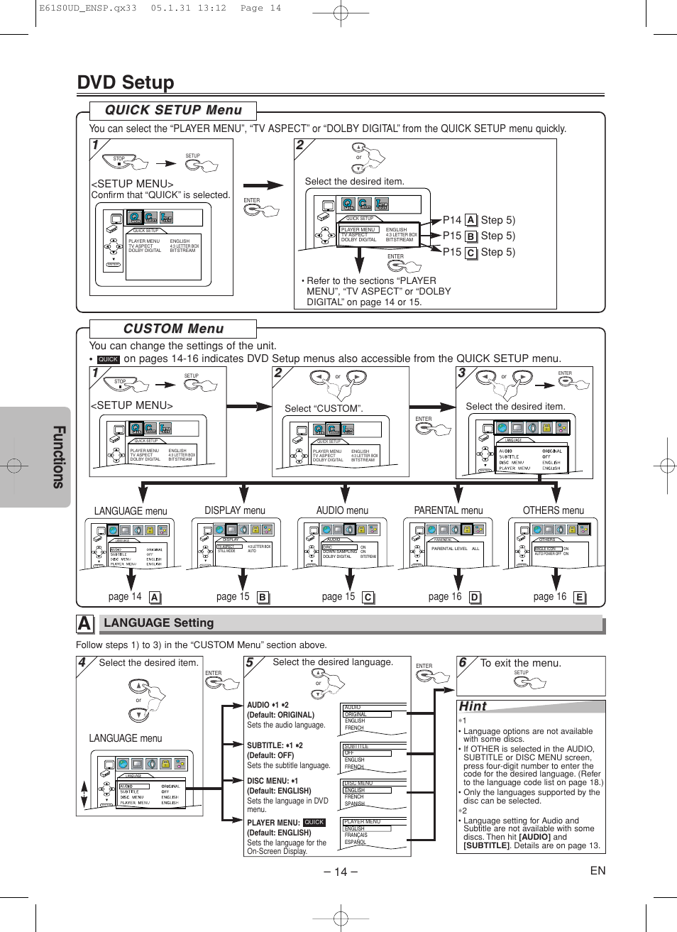 Dvd setup, Functions, Cust | Cust om men om men u u, Hint, Quick setup men uick setup men u u, Language setting, Setup menu, Language menu audio menu display menu others menu, Language menu | Emerson EWD70V5 User Manual | Page 14 / 20