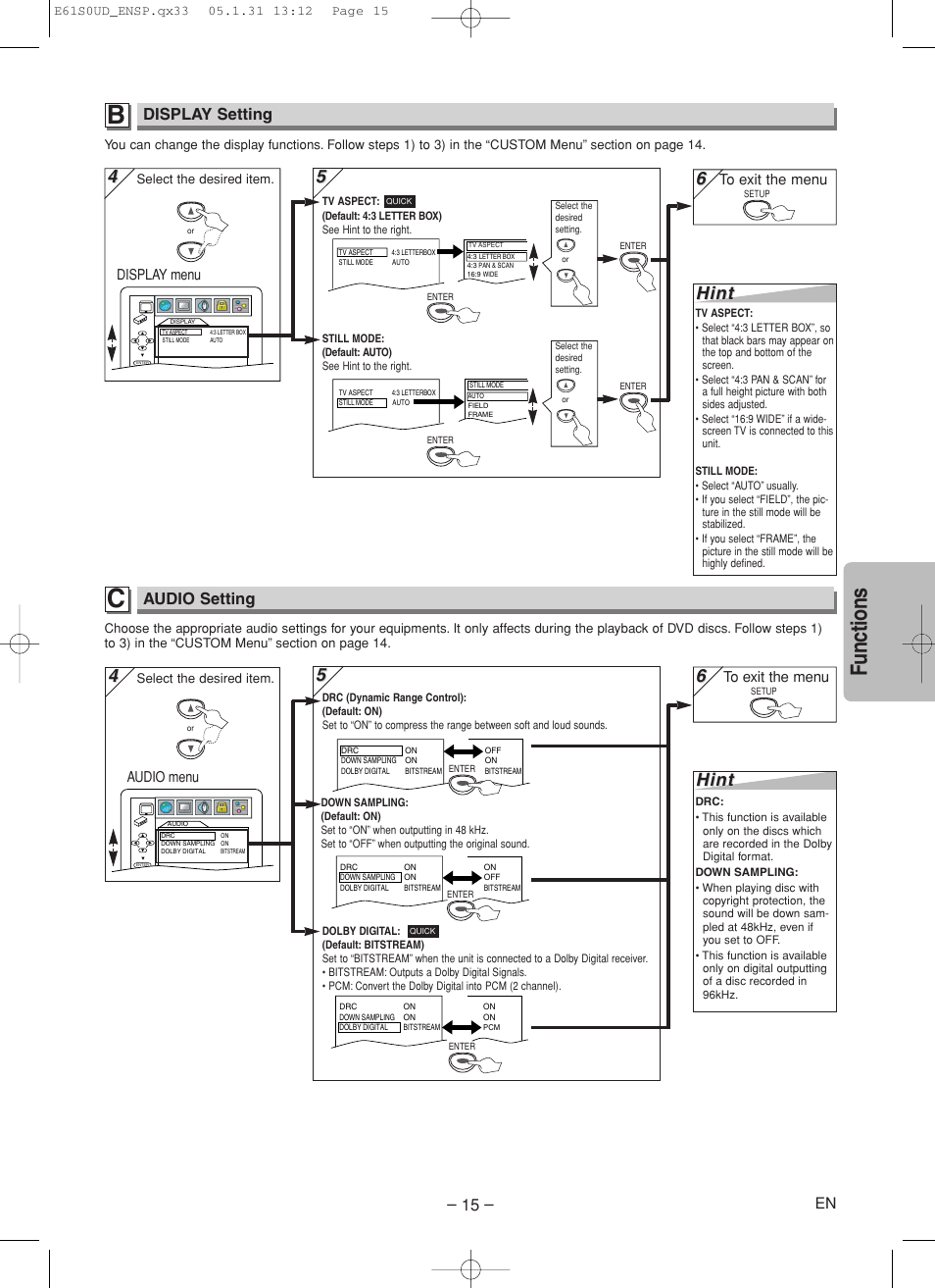 Functions, Hint, Display setting | Audio setting, Display menu, Audio menu | Emerson EWD70V5 User Manual | Page 15 / 20
