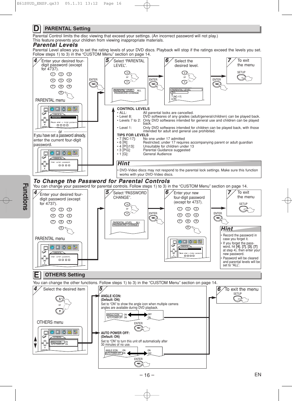 Functions, Hint, Parental arental le le vels vels | Parental setting, Others setting | Emerson EWD70V5 User Manual | Page 16 / 20