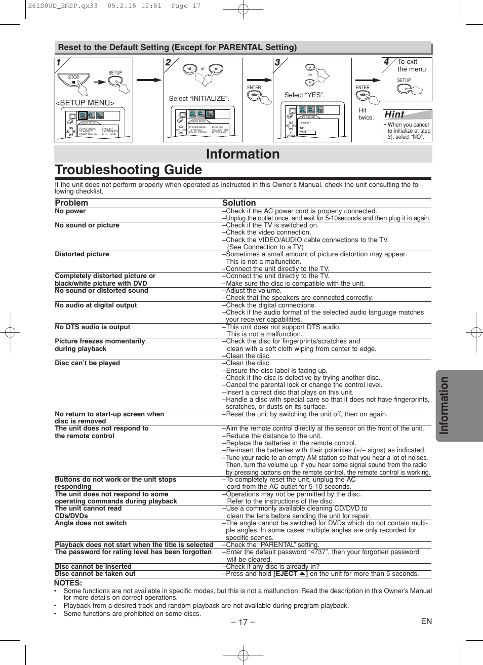 Troubleshooting guide, Information, Inf ormation | Hint, Problem solution | Emerson EWD70V5 User Manual | Page 17 / 20