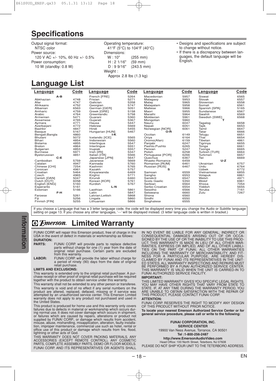 Language list, Specifications, Limited warranty | Inf ormation | Emerson EWD70V5 User Manual | Page 18 / 20