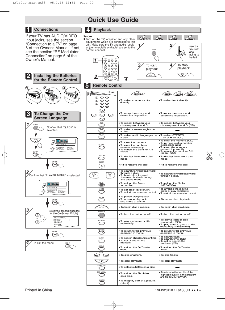 Quick use guide, Connections, Playback | Remote control, Installing the batteries for the remote control, Printed in china, Before | Emerson EWD70V5 User Manual | Page 20 / 20