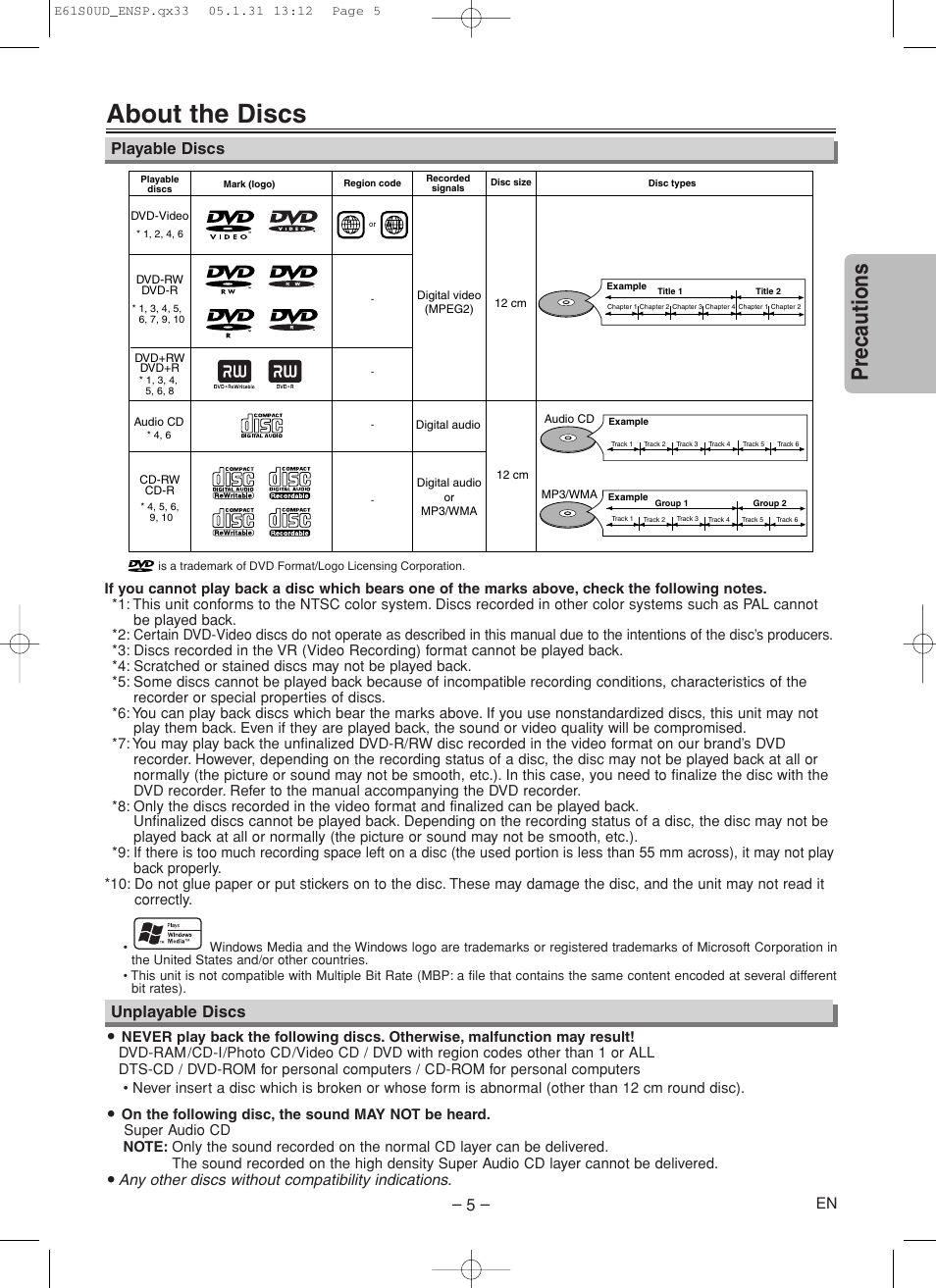 About the discs, Precautions, Playable discs | Unplayable discs, Any other discs without compatibility indications | Emerson EWD70V5 User Manual | Page 5 / 20