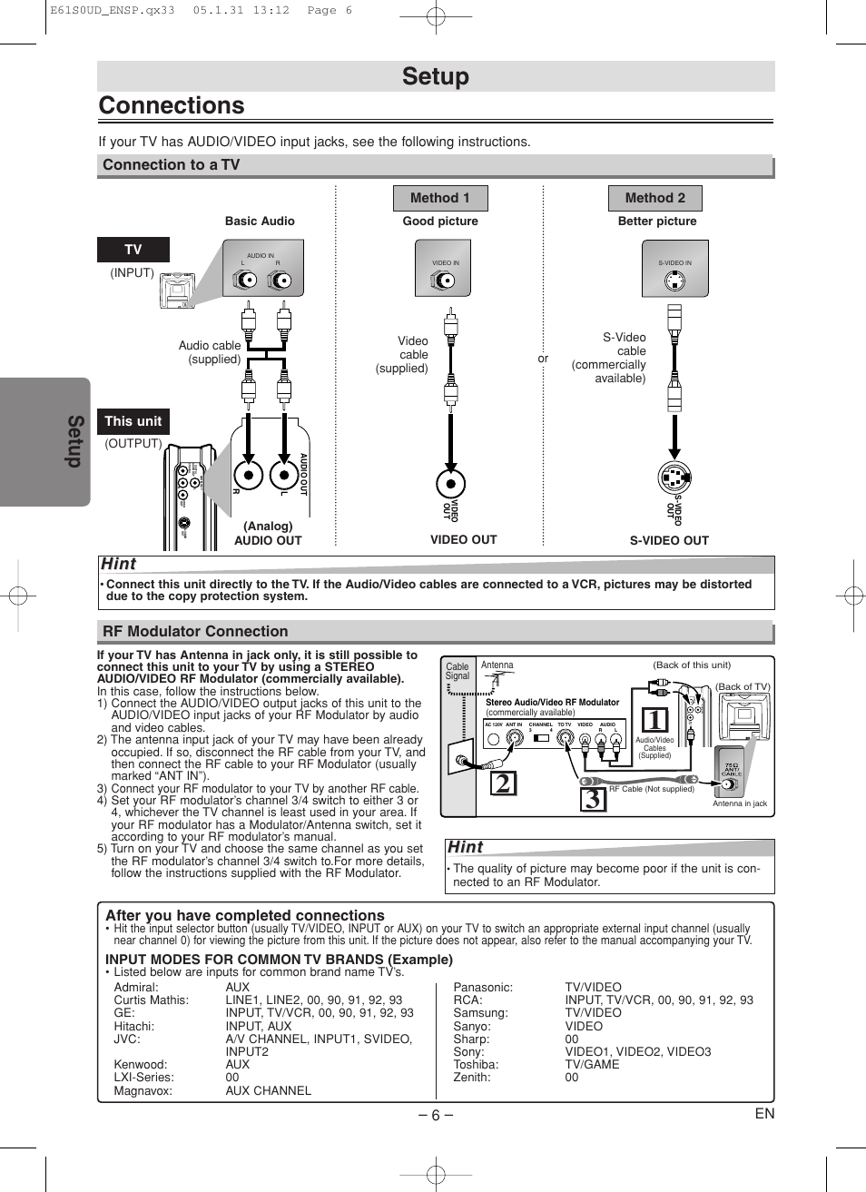 Connections, Setup, Hint | Connection to a tv, After you have completed connections, Rf modulator connection | Emerson EWD70V5 User Manual | Page 6 / 20