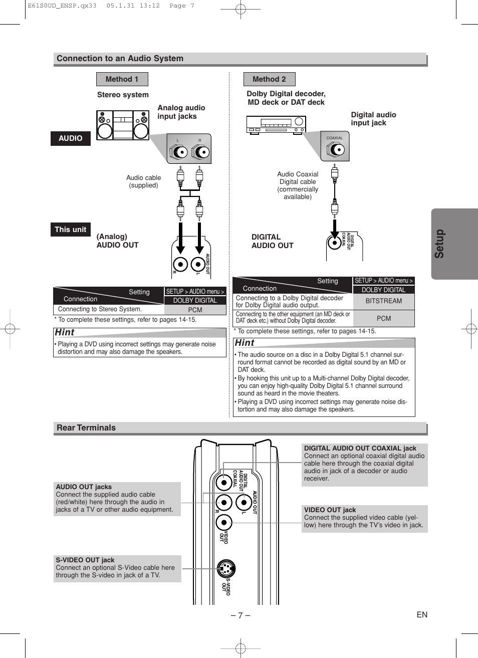 Setup, Hint, Rear terminals connection to an audio system | Emerson EWD70V5 User Manual | Page 7 / 20