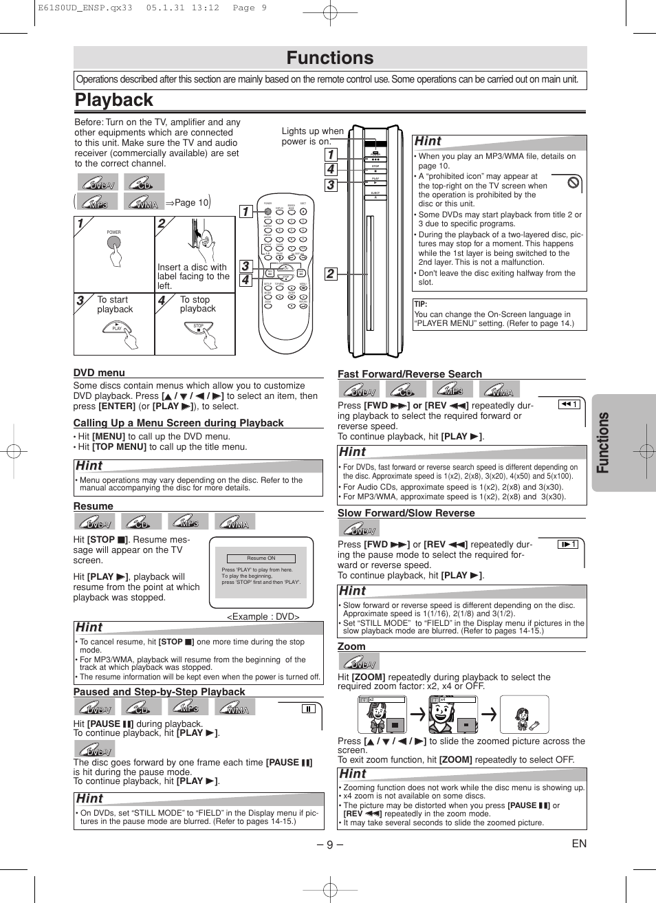 Playback, Functions, Hint | Paused and step-by-step playback, Fast forward/reverse search, Slow forward/slow reverse, Dvd menu, Calling up a menu screen during playback, Resume, Zoom | Emerson EWD70V5 User Manual | Page 9 / 20