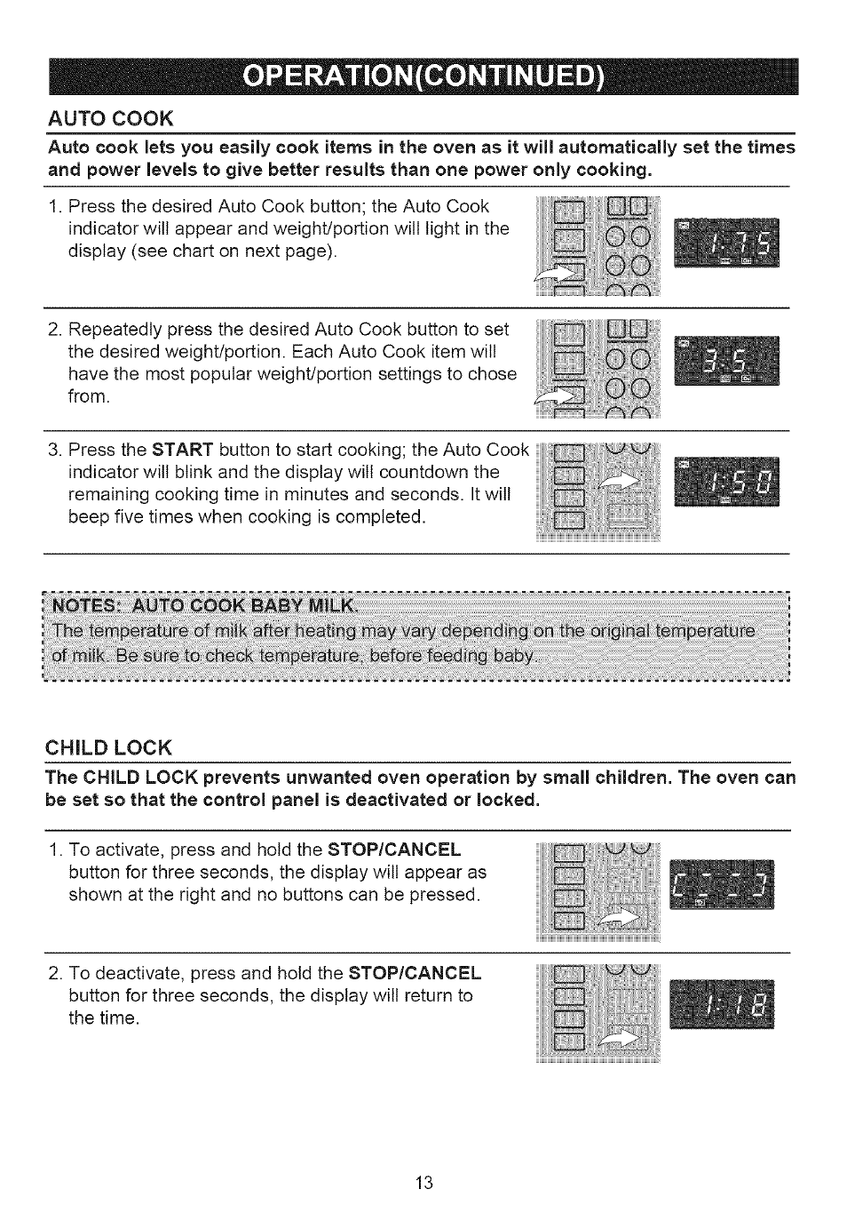 Child lock, Edi ' bl, Rio oo | N 0 0, Operation(continued) | Emerson MW8117W User Manual | Page 14 / 30