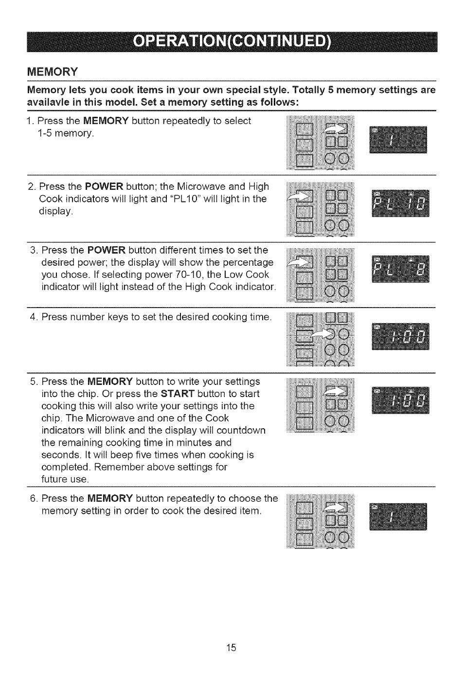 Memory, Operation(continued) | Emerson MW8117W User Manual | Page 16 / 30