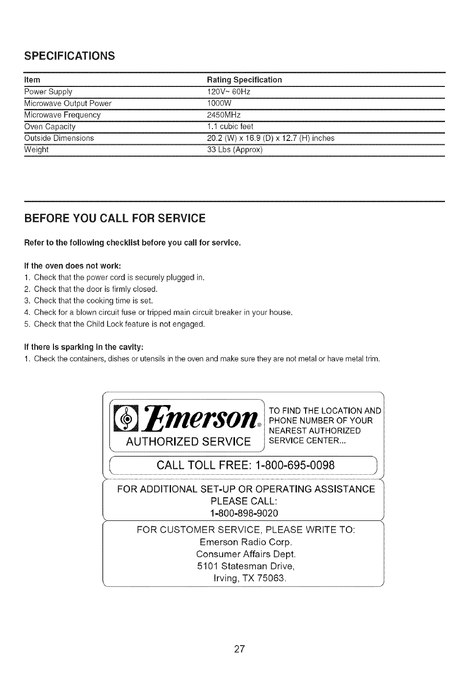 Specifications, Before you call for service, Emerson | Authorized service | Emerson MW8117W User Manual | Page 28 / 30