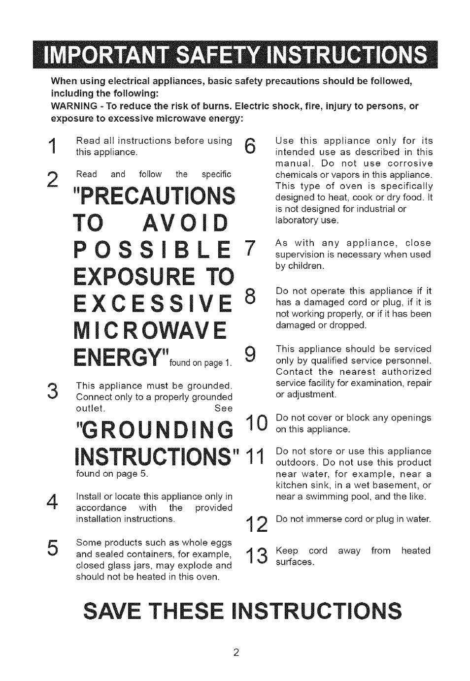 Important safety instructions, Grounding instructions, Save these instructions | Emerson MW8117W User Manual | Page 3 / 30