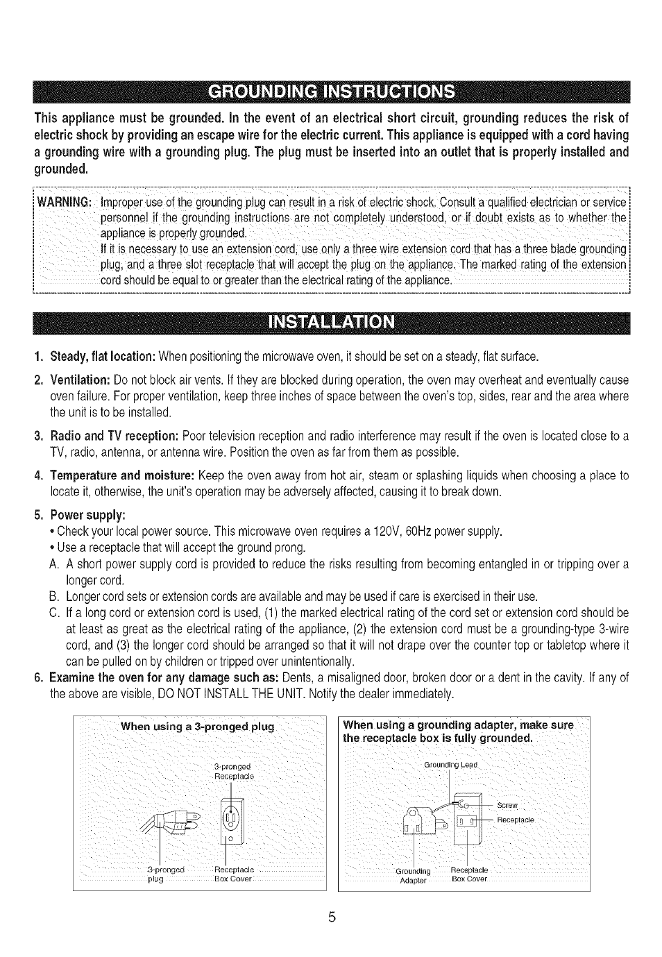 Grounding instructions, Installation | Emerson MW8117W User Manual | Page 6 / 30