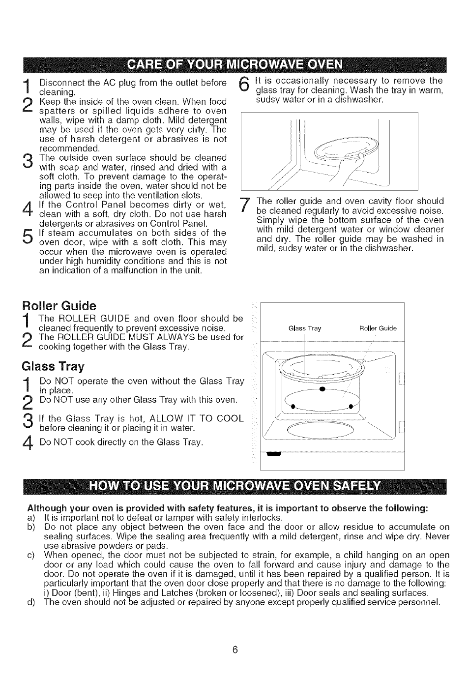 Roller guide, Glass tray, How to use your microwave oven safely | Emerson MW8117W User Manual | Page 7 / 30