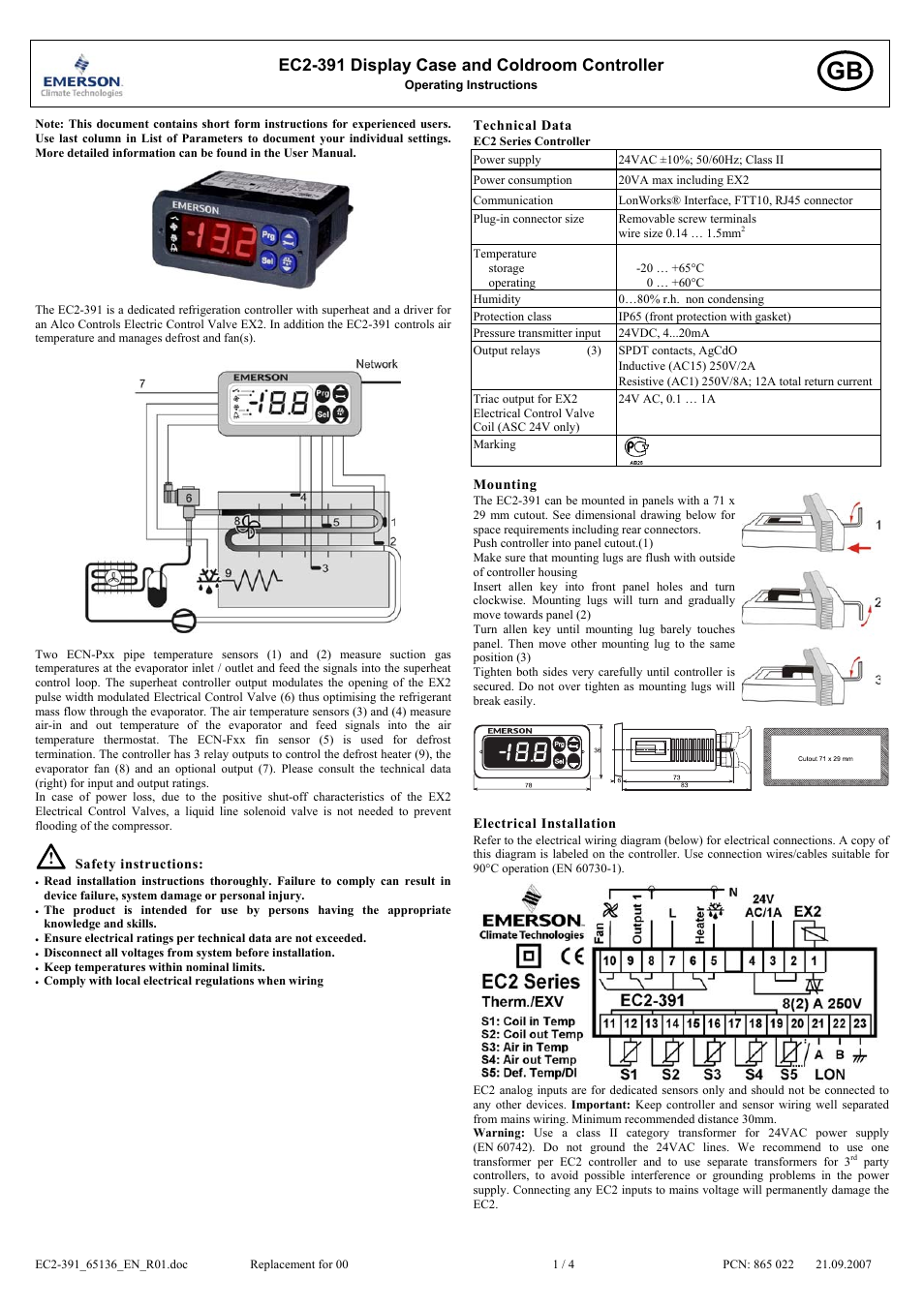 Emerson DISPLAY CASE AND COLD ROOM CONTROLLER EC2-391 User Manual | 4 pages