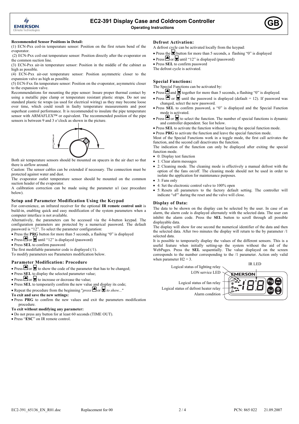 Ec2-391 display case and coldroom controller | Emerson DISPLAY CASE AND COLD ROOM CONTROLLER EC2-391 User Manual | Page 2 / 4