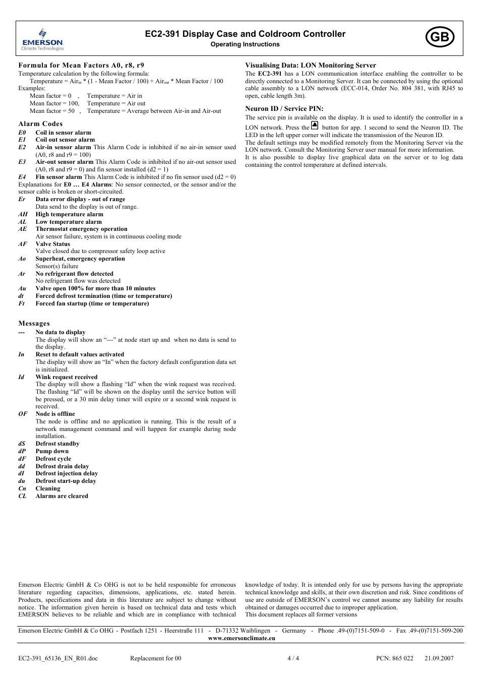 Ec2-391 display case and coldroom controller | Emerson DISPLAY CASE AND COLD ROOM CONTROLLER EC2-391 User Manual | Page 4 / 4