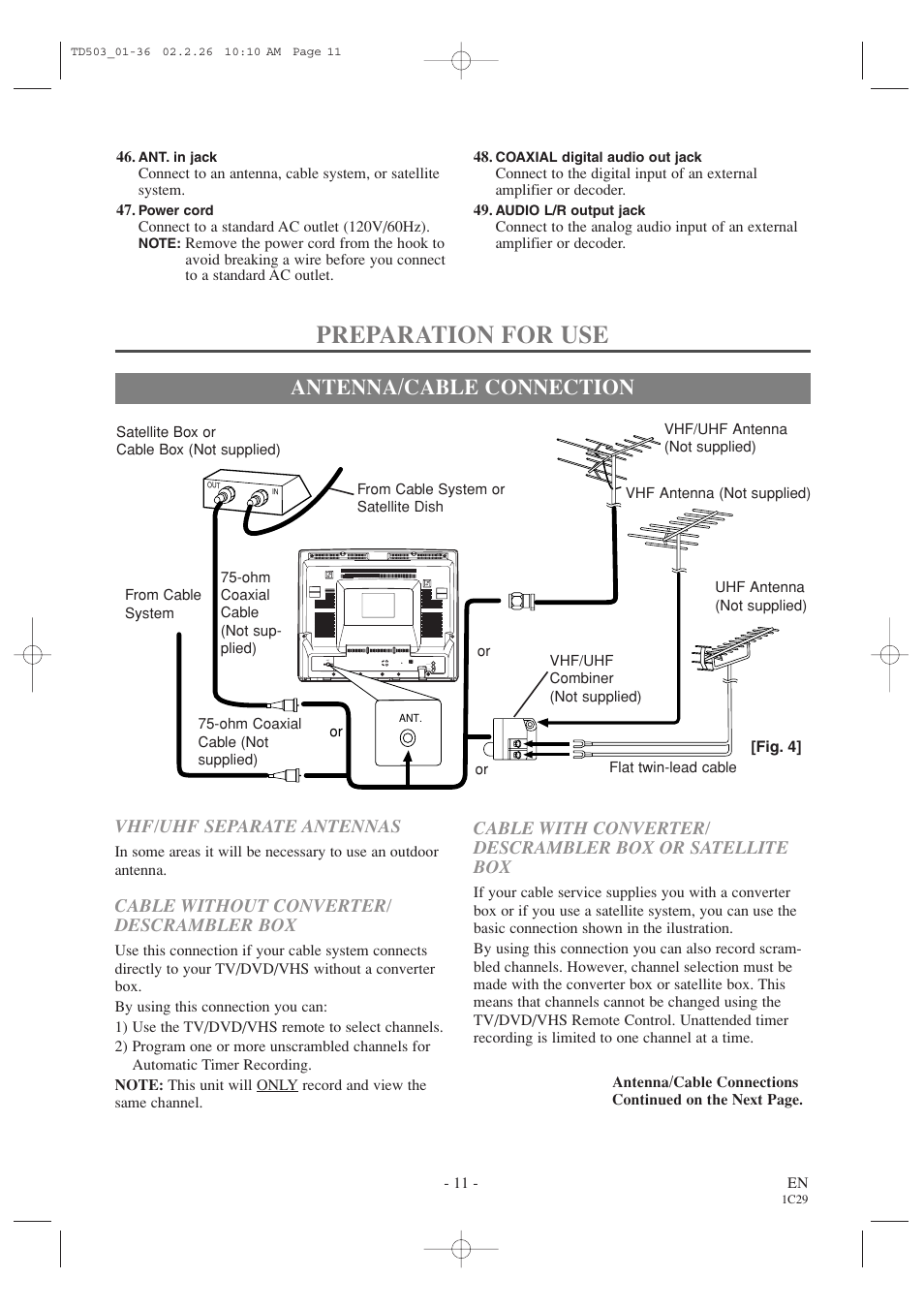 Preparation for use, Antenna/cable connection, Cable without converter/ descrambler box | Vhf/uhf separate antennas | Emerson EWC19T2 User Manual | Page 11 / 64
