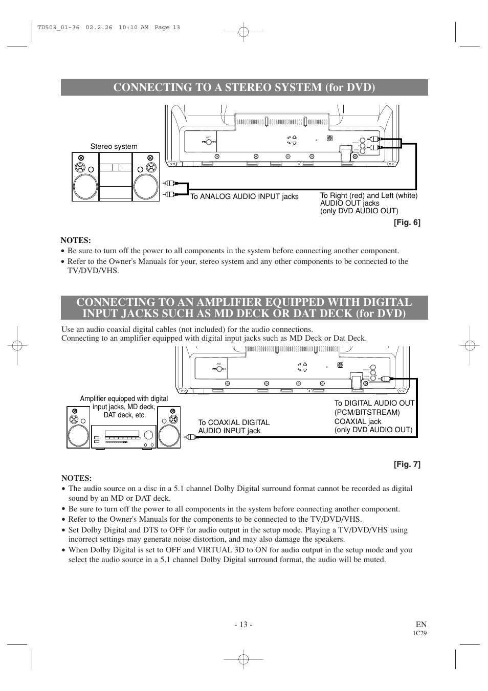 Connecting to a stereo system (for dvd) | Emerson EWC19T2 User Manual | Page 13 / 64