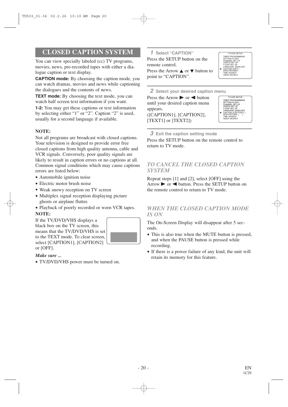 Closed caption system, When the closed caption mode is on | Emerson EWC19T2 User Manual | Page 20 / 64