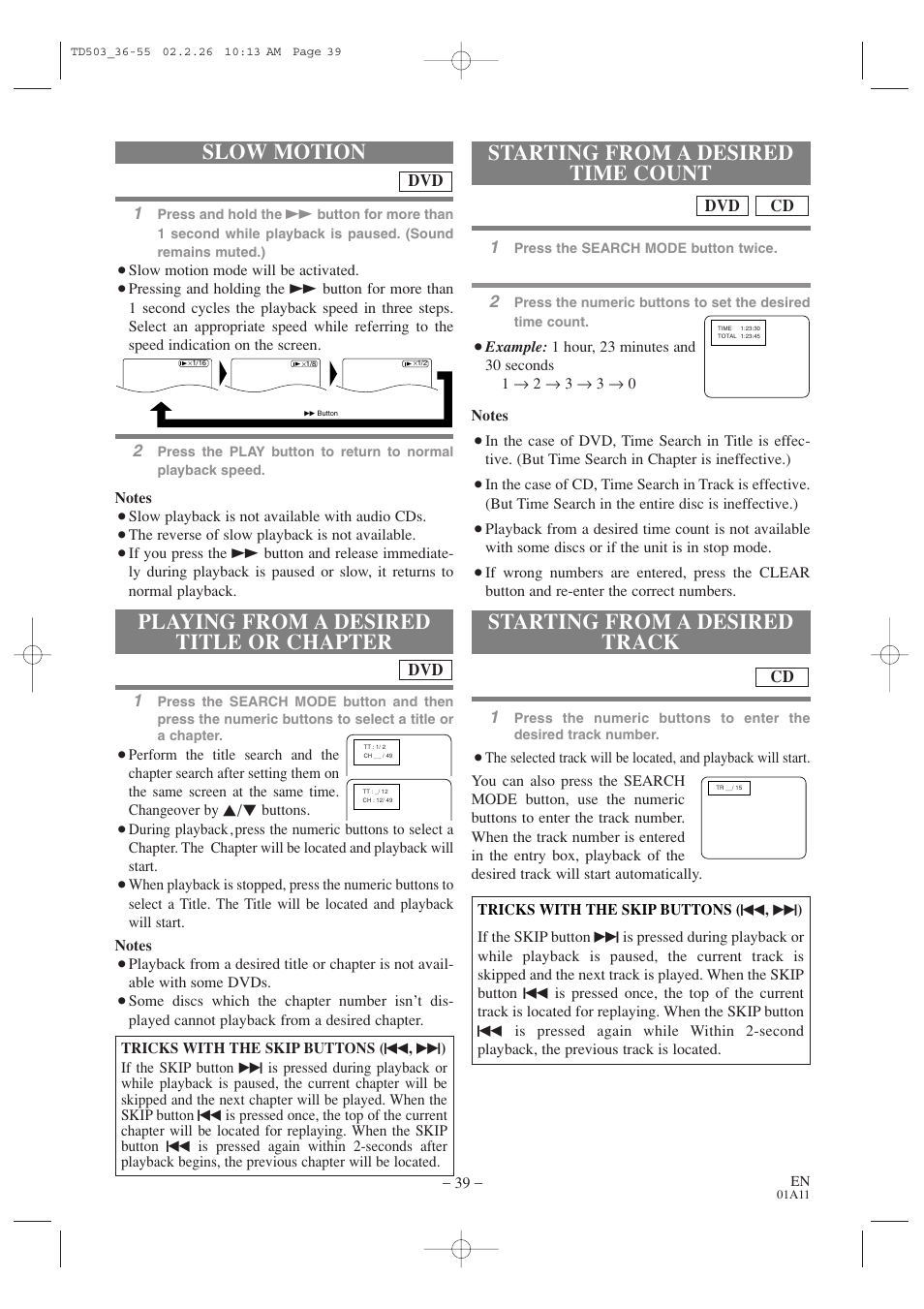 Slow motion, Starting from a desired track, Starting from a desired time count | Playing from a desired title or chapter | Emerson EWC19T2 User Manual | Page 39 / 64