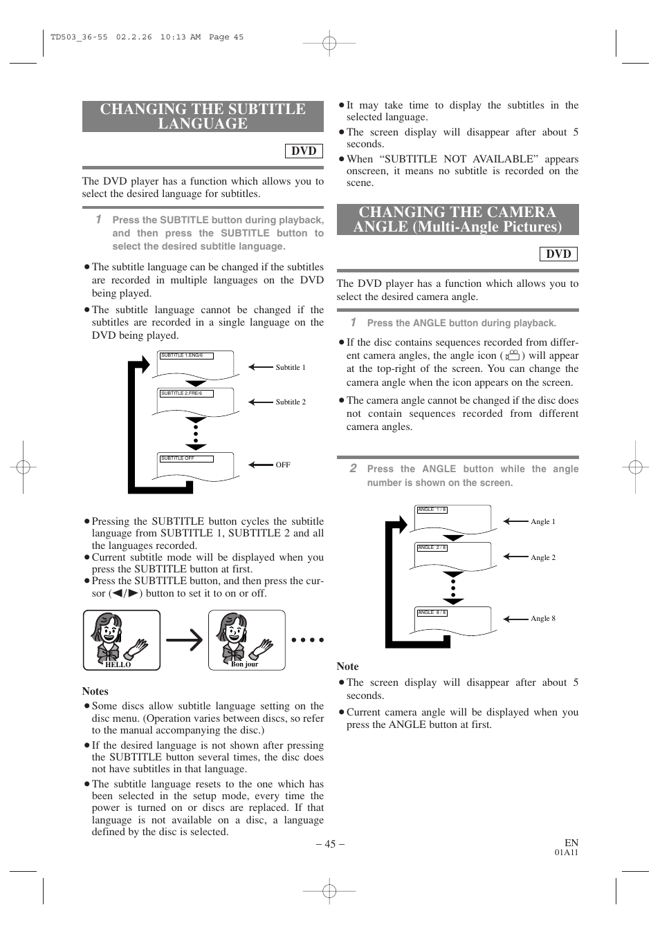 Changing the subtitle language, Changing the camera angle (multi-angle pictures) | Emerson EWC19T2 User Manual | Page 45 / 64