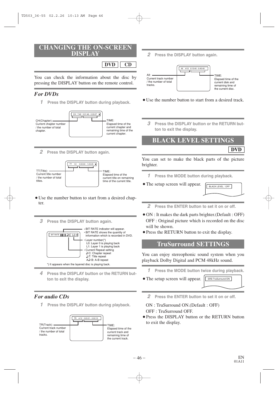 Changing the on-screen display, Black level settings, Trusurround settings | For dvds, For audio cds | Emerson EWC19T2 User Manual | Page 46 / 64