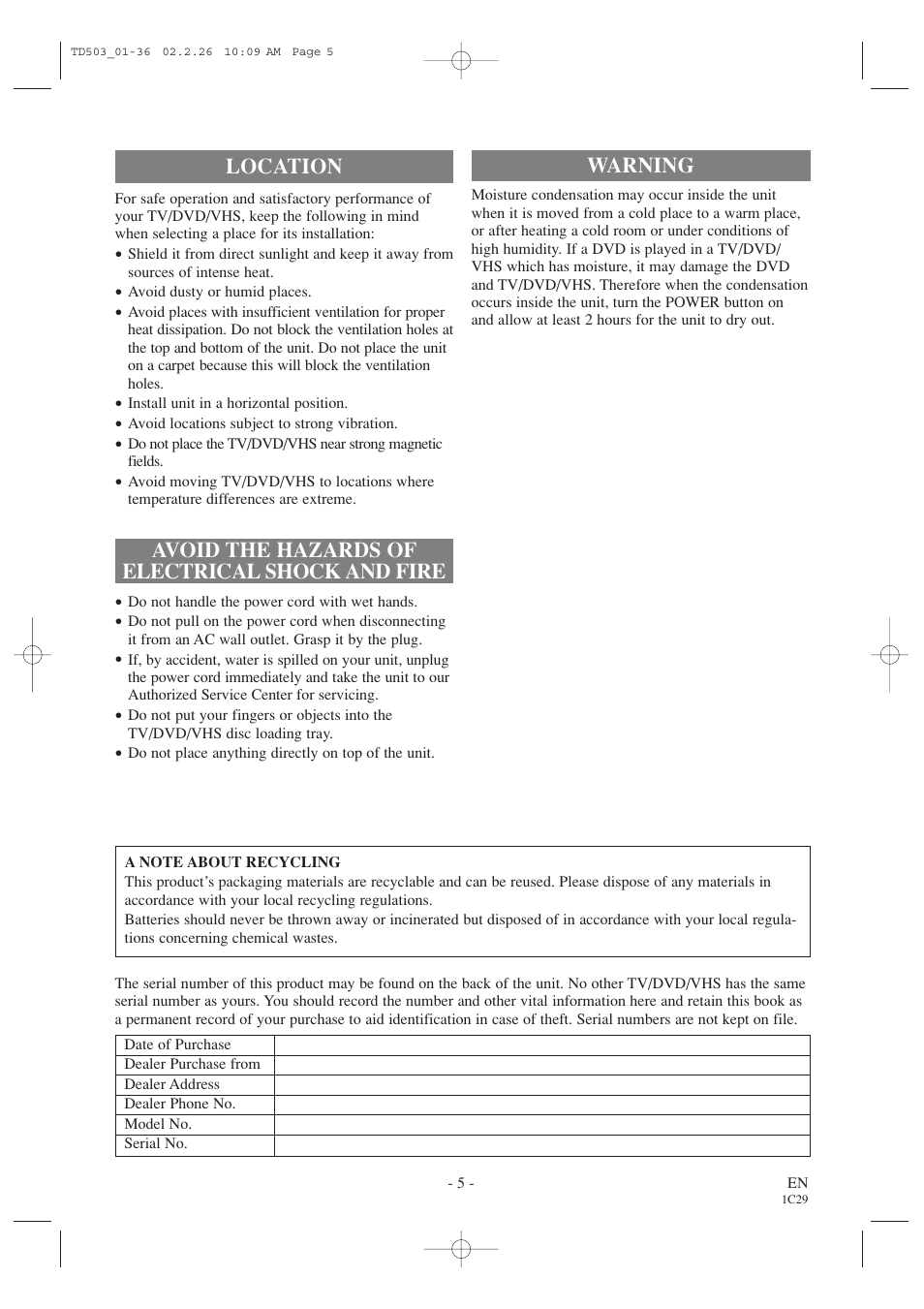 Warning | Emerson EWC19T2 User Manual | Page 5 / 64