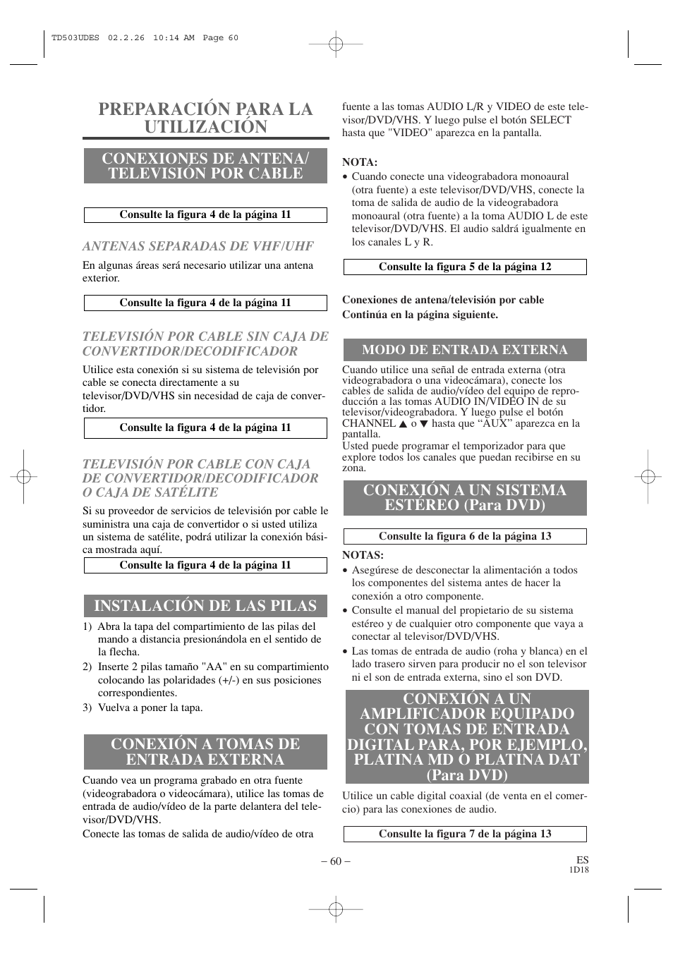 Preparación para la utilización, Conexión a un sistema estéreo (para dvd), Conexiones de antena/ televisión por cable | Emerson EWC19T2 User Manual | Page 60 / 64