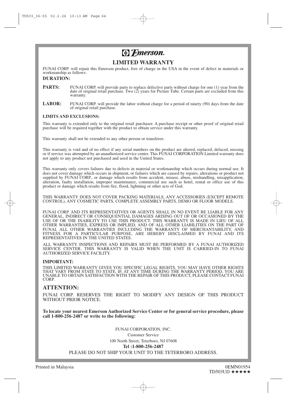 Limited warranty, Attention | Emerson EWC19T2 User Manual | Page 64 / 64