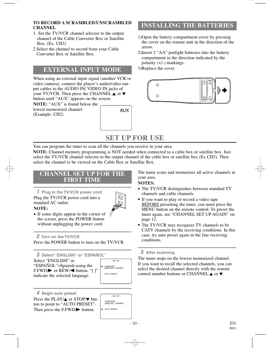 Set up for use, Installing the batteries, Channel set up for the first time | External input mode | Emerson EWC1302 User Manual | Page 10 / 32